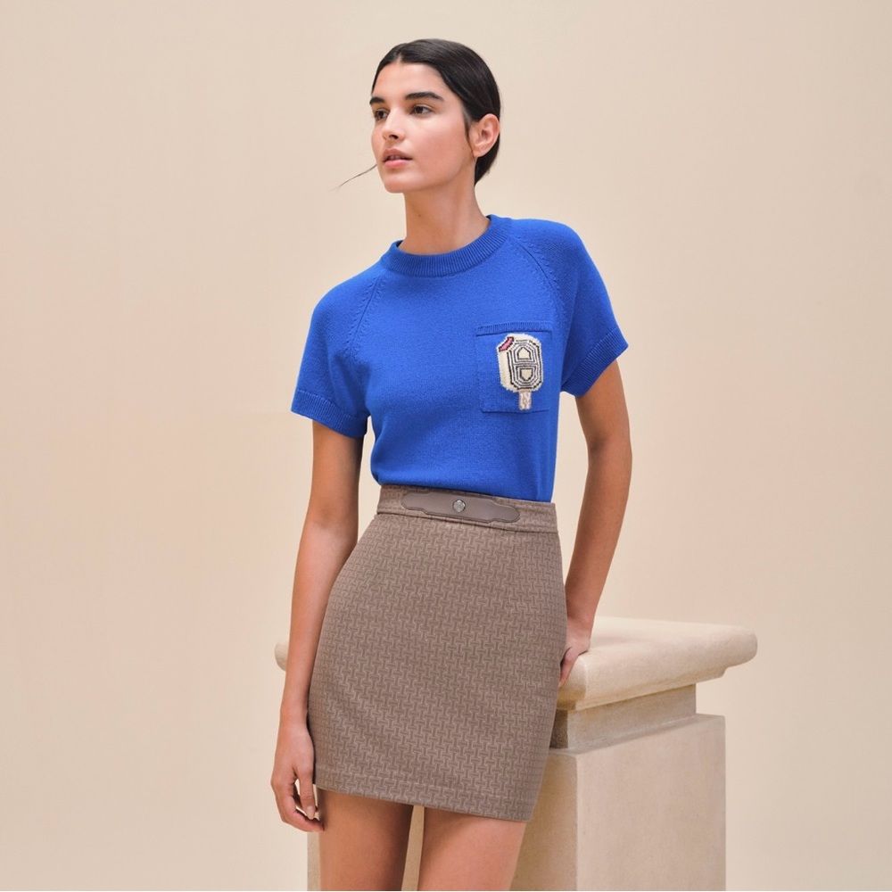 Hermes Cashmere "Funny Ice Cream" short-sleeve sweater Bleu Océan Size 36 | NWT